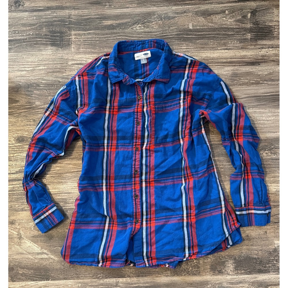 Old Navy Boyfriend Flannel Shirt Women XL Blue Red Plaid Long Sleeve Button Down